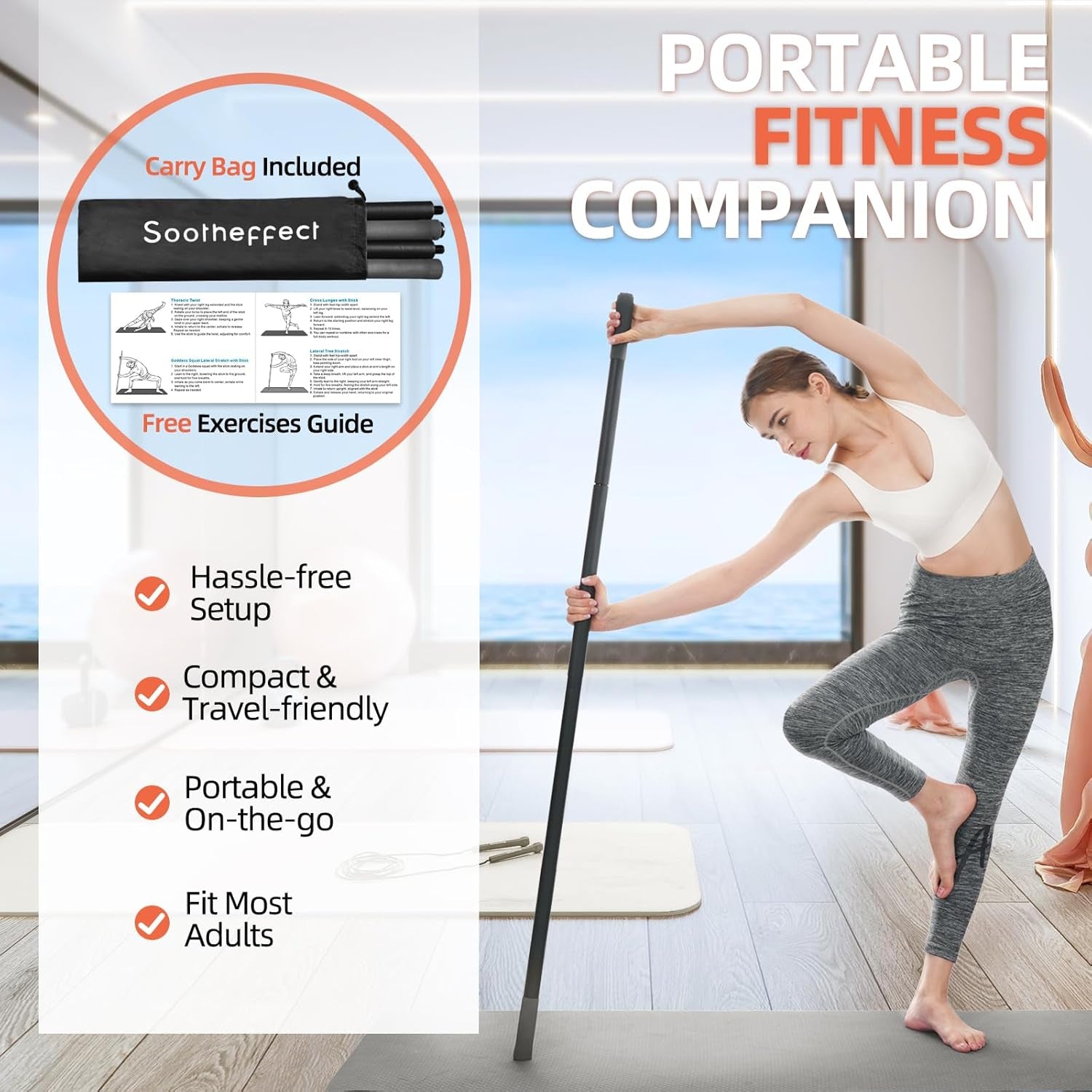 Adjustable Yoga Stick (30/45/60 In), Fully Foam-Sleeved Steel Stretching & Mobility Stick with Exercise Guide, Portable Fitness & Rehab Tool, Carry Bag Included