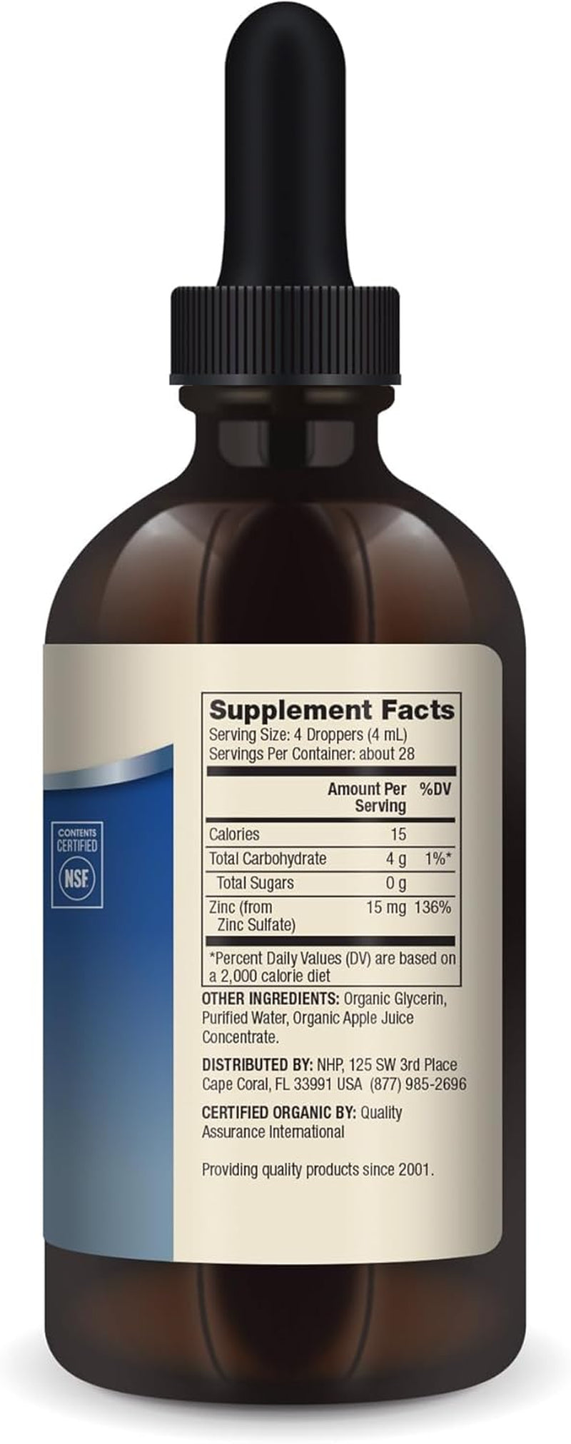 Zinc Liquid Drops - Supports Immune & Organ Health - 15 Mg Organic Zinc Liquid Drops - USDA Organic - NSF Certified - Non-Gmo, Gluten-Free & Soy-Free - 3.88 Fl Oz (28 Servings)