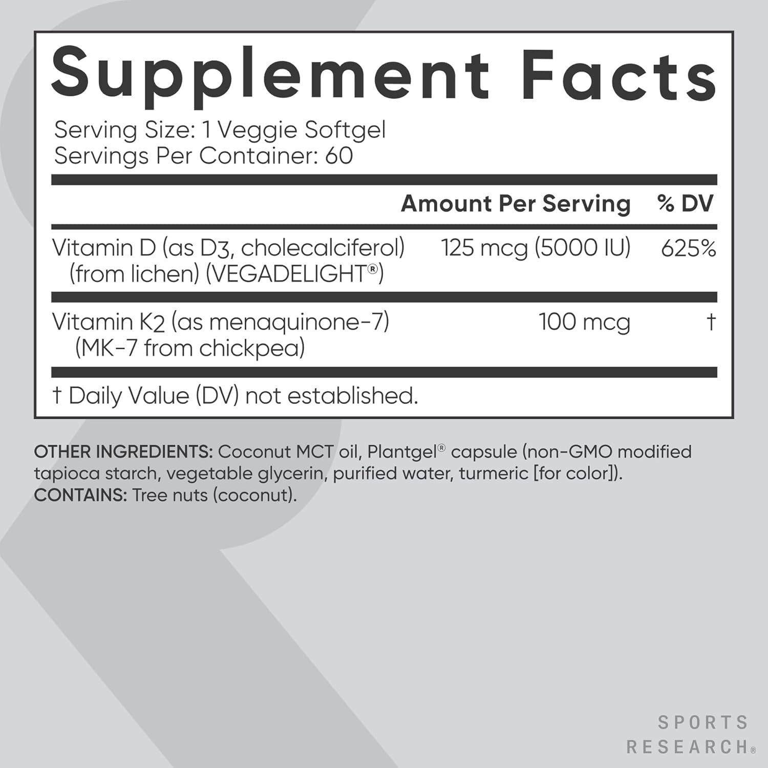 Sports Research® Vitamin D3 + K2 W/ Coconut Oil - Vegan Vitamin D 5000Iu & Mk7 Vitamin K 100Mcg for Bone & Immune Support - Vegan Certified · Non-Gmo · Soy Free - 60 Softgels | Plant-Based Vitamin D 5000Iu/125Mcg & Soy-Free Vitamin K 100Mcg for Bone & Immune Support - Vegan Certified & Non-Gmo Verifed