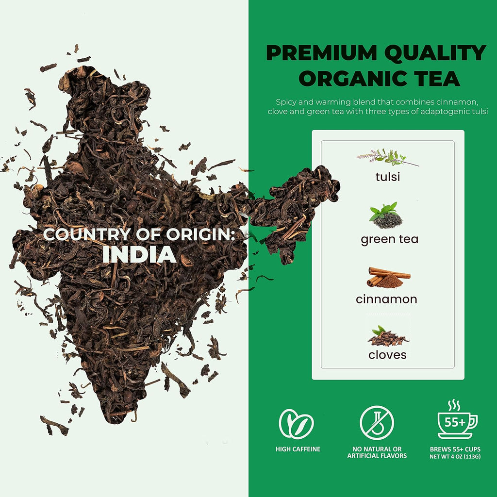 Organic Green Loose Leaf Tea with Tulsi, Cloves and Cinnamon – Kosher, No Natural or Artificial Flavors – 4 Oz