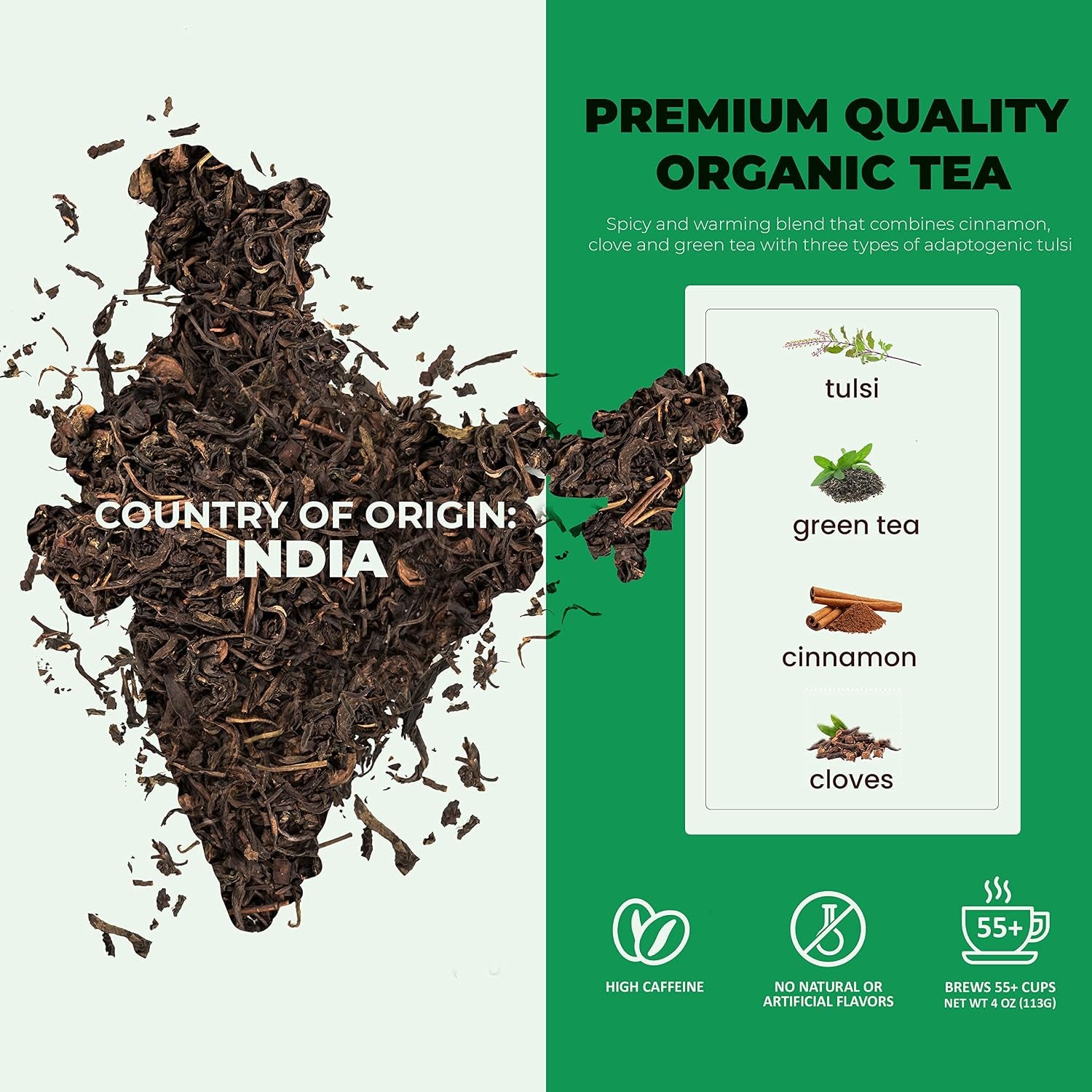 Organic Green Loose Leaf Tea with Tulsi, Cloves and Cinnamon – Kosher, No Natural or Artificial Flavors – 4 Oz