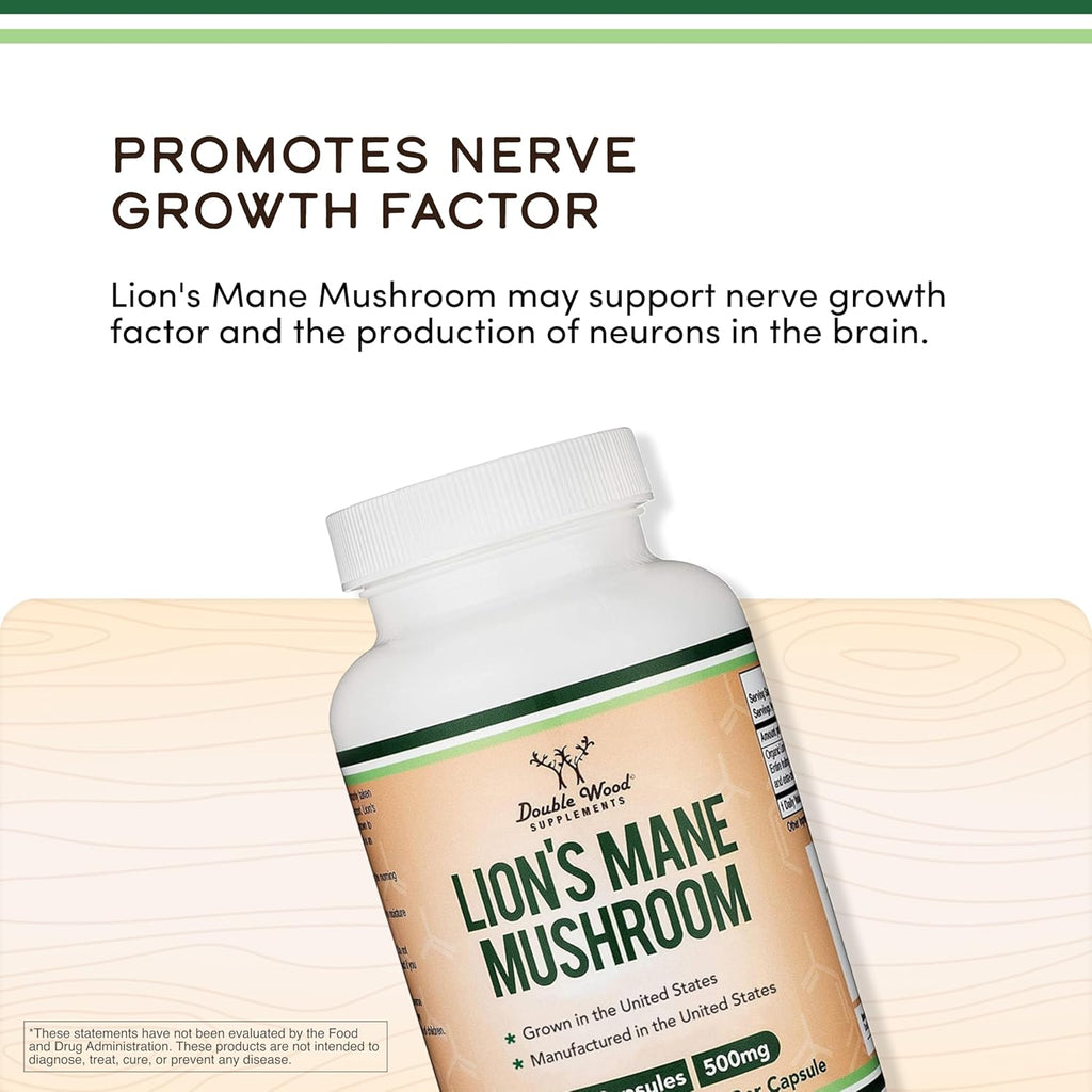 Organic Lions Mane Mushroom Capsules (120 Count), for Focus Support and Immune Health, Third Party Tested and Grown in the USA - by Double Wood