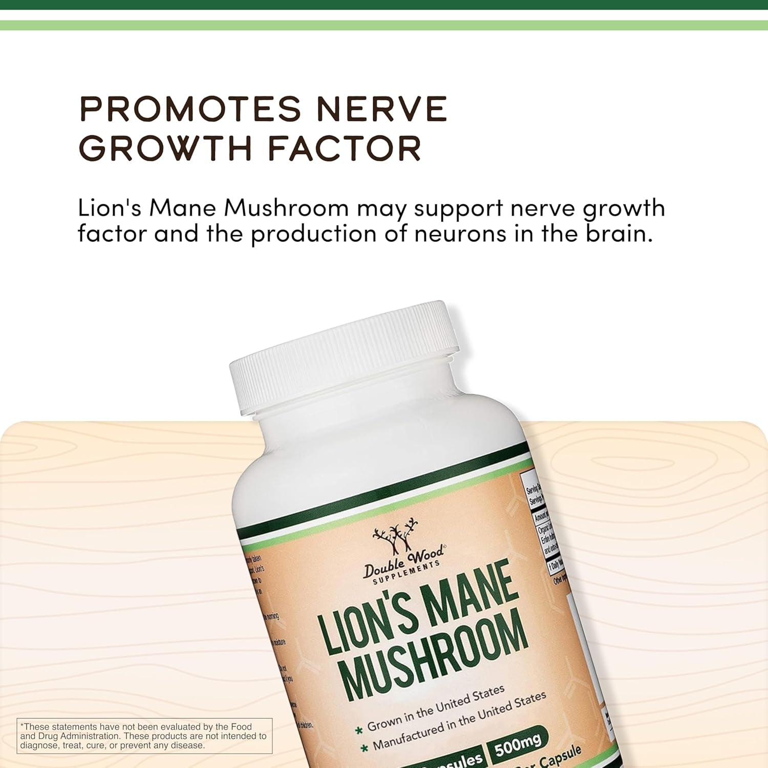 Organic Lions Mane Mushroom Capsules (120 Count), for Focus Support and Immune Health, Third Party Tested and Grown in the USA - by Double Wood