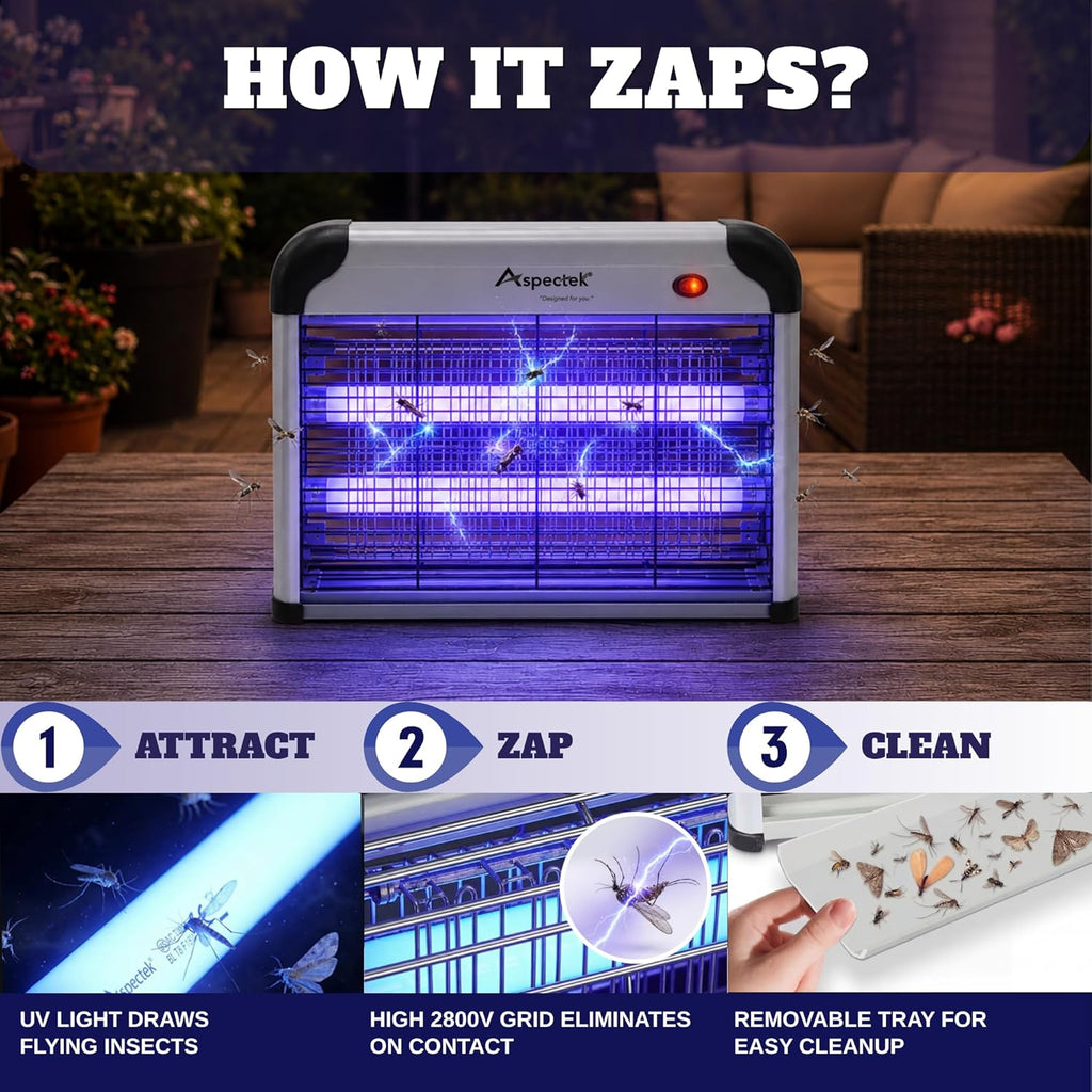 Electric Bug Zapper, 20W UV Bulbs, Fly, Mosquito, Gnat and Moth Control, Indoor and Covered Outdoor Use for Home, Garage, Patio and Farm, Includes 2 Replacement Bulbs