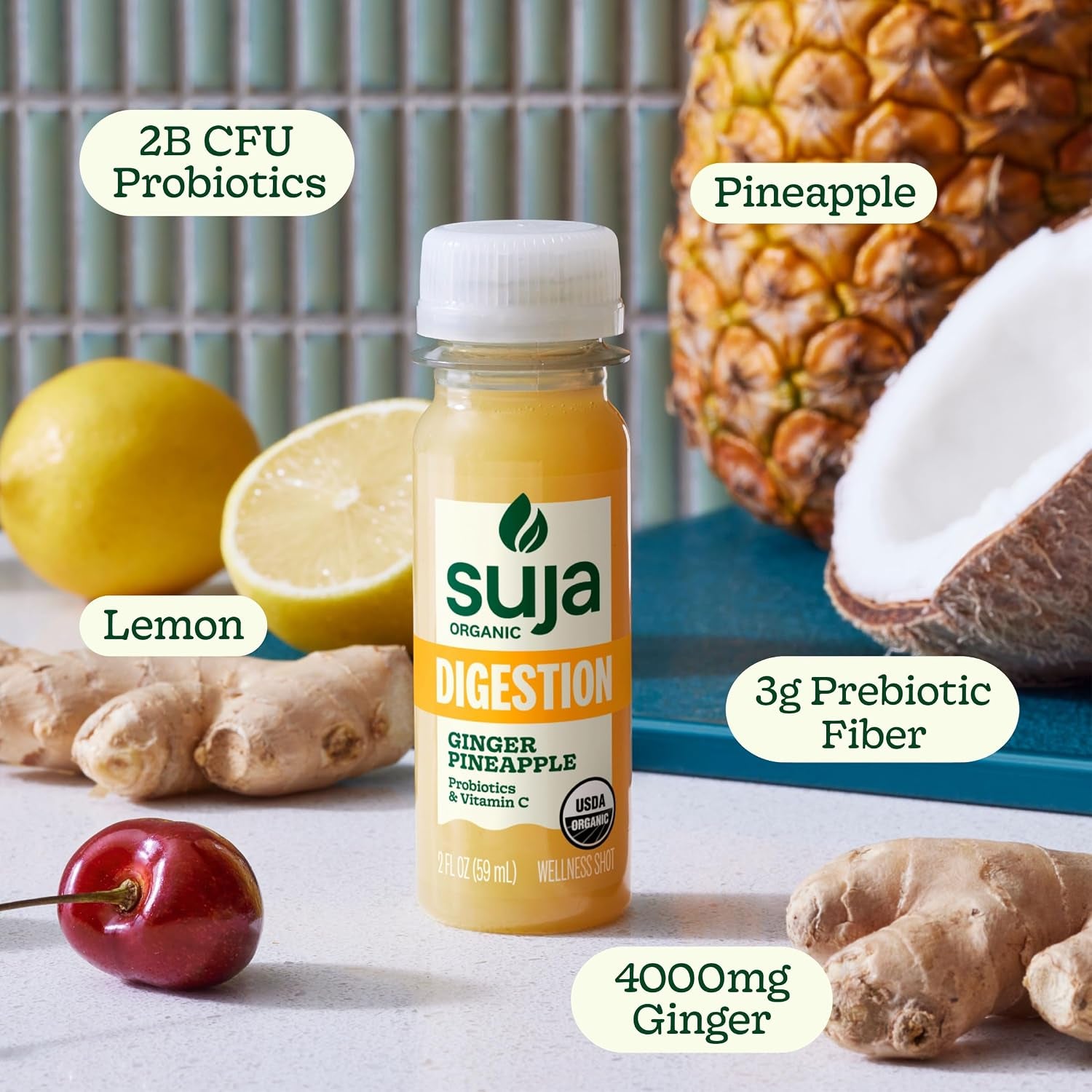 Organic Digestion Shot with Ginger, Apple Cider Vinegar and Ginseng, Immunity Support, Functional Shot, Cold-Pressed Juice with Live Probiotics, Plant-Based & Gluten-Free (2 Fl Oz)