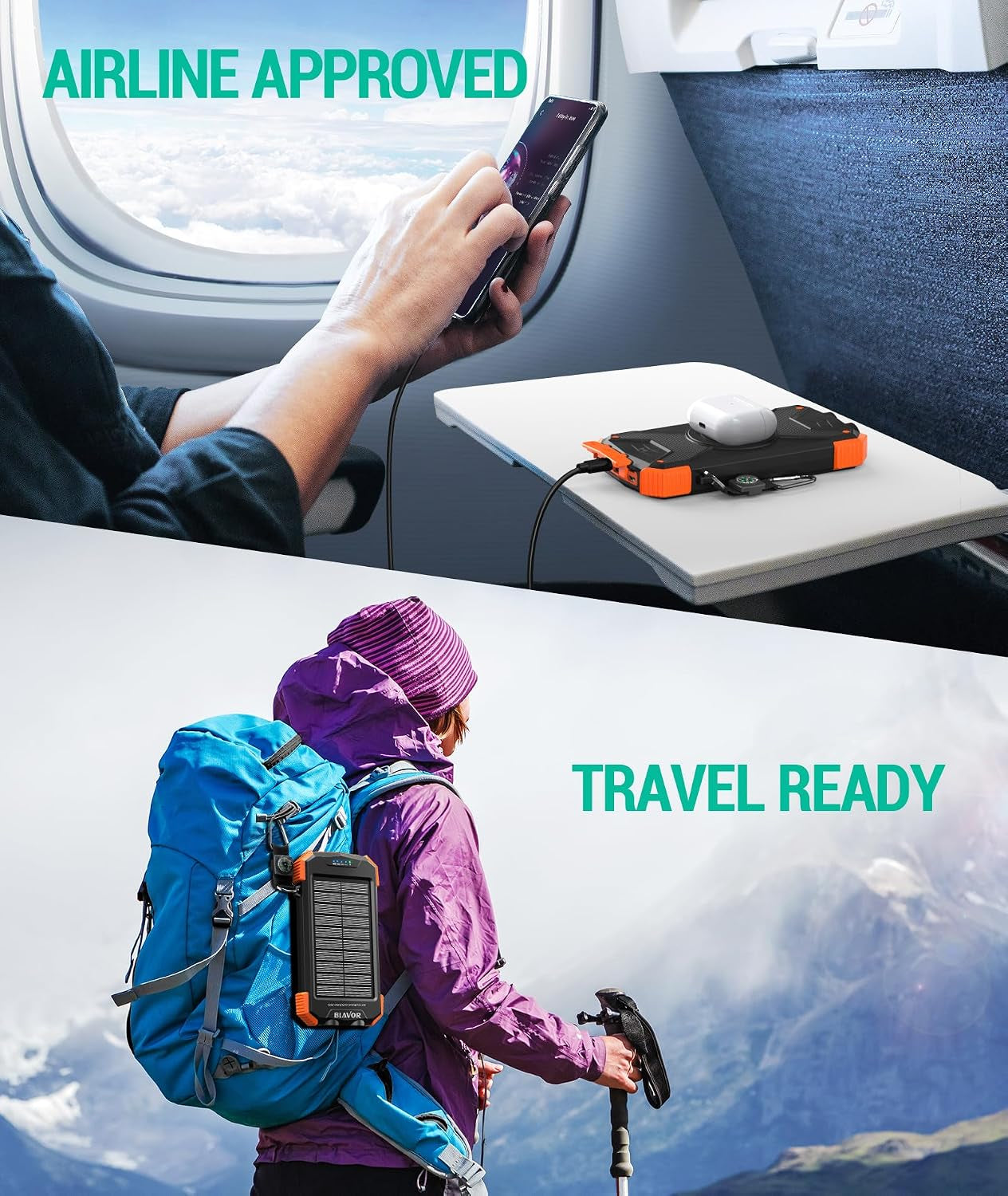 Solar Power Bank 10,000Mah, Portable Wireless Charger, 20W Fast Charging External Battery Pack with USB C for Cell Phones, Solar Panel Charging with Dual Flashlight for Camping