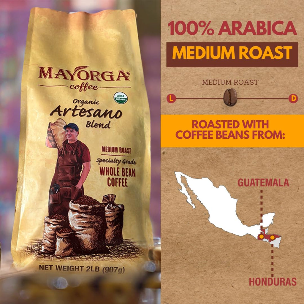 Organic Coffee 2Lb Artesano Blend - Medium Roast Whole Bean Coffee Speciality Grade, 100% Arabica, Slow Roasted, Chocolate and Nutty Flavor with Low Acidity - USDA Organic, Non-Gmo, Kosher