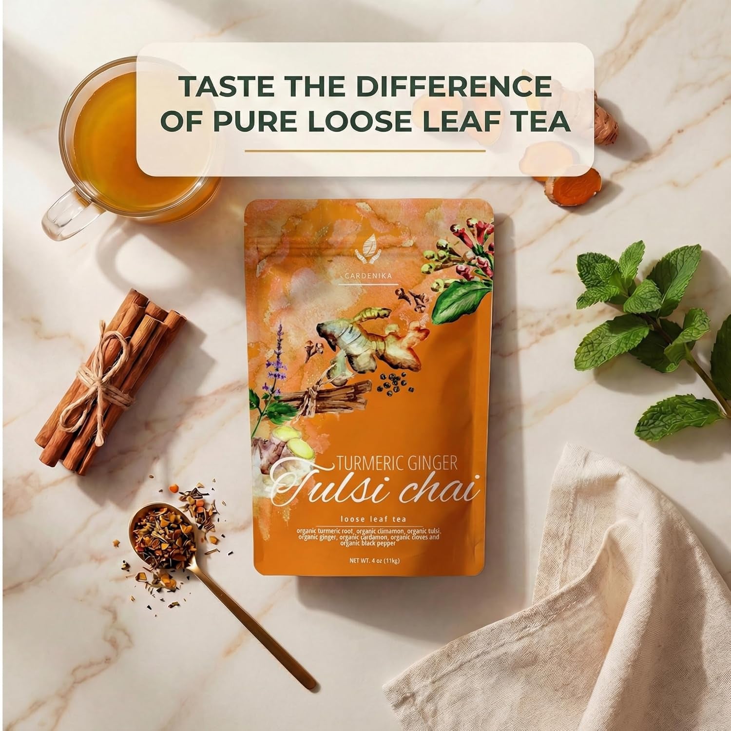 Organic Turmeric Ginger Tulsi Chai Loose Leaf Tea, 1 LB Bulk Bag - Ayurvedic Herbal Tea with Cinnamon & Cardamom - Caffeine Free, Organic, Kosher