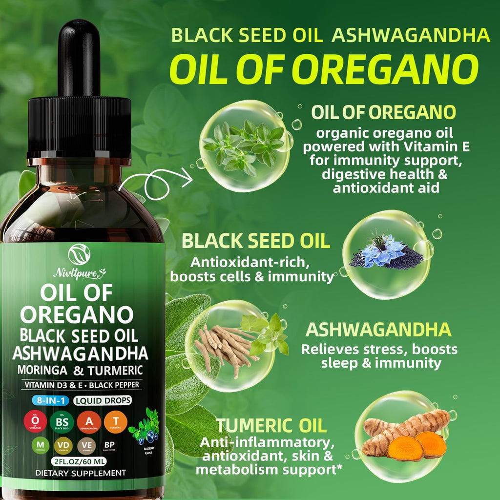 Oil of Oregano with Black Seed Oil | 8 in 1 Organic Oregano Oil Drops with Ashwagandha, Moringa & Turmeric | Natural Herbal Supplements for Immune Support & Stress Relief | Vegan Friendly, 2 Fl Oz