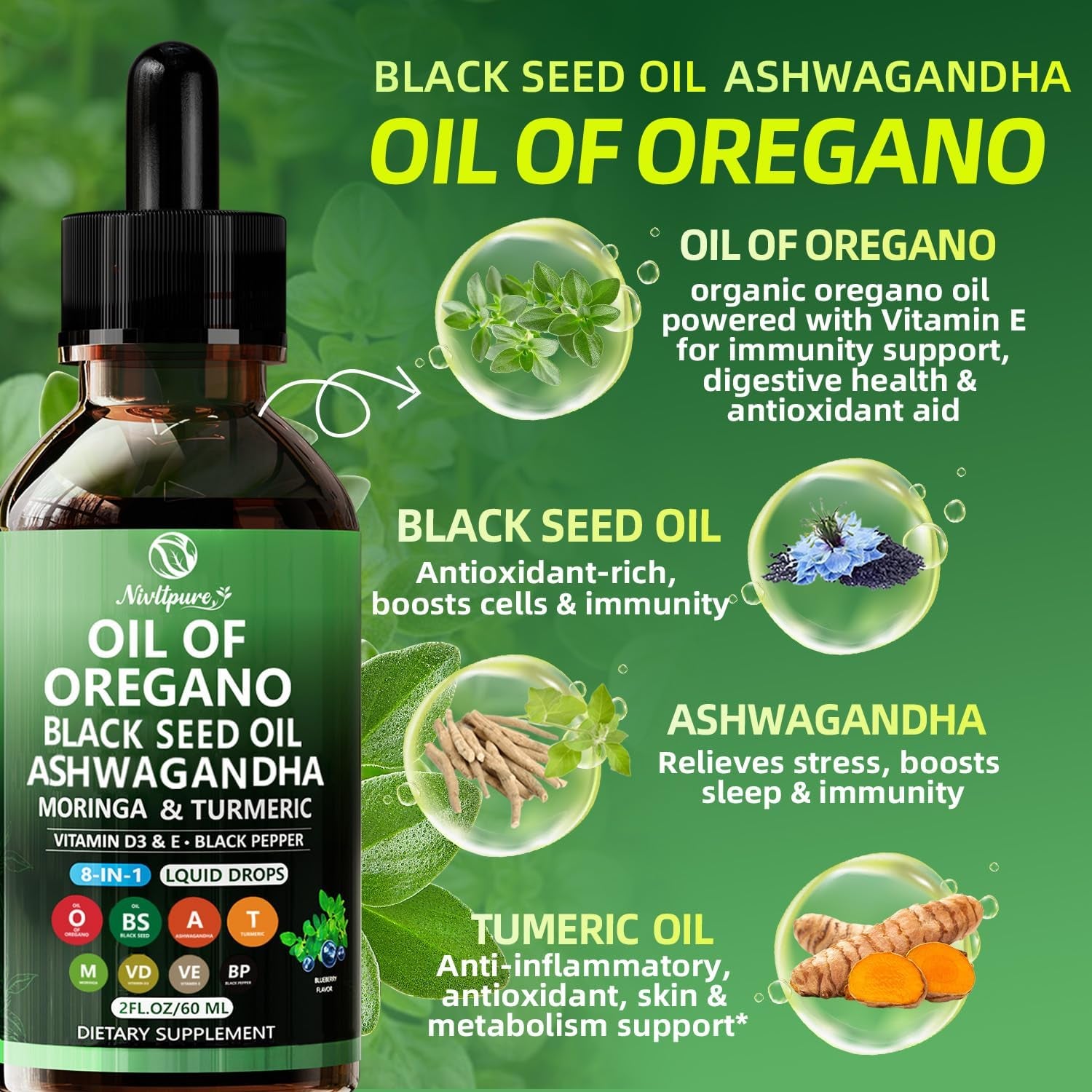 Oil of Oregano with Black Seed Oil | 8 in 1 Organic Oregano Oil Drops with Ashwagandha, Moringa & Turmeric | Natural Herbal Supplements for Immune Support & Stress Relief | Vegan Friendly, 2 Fl Oz