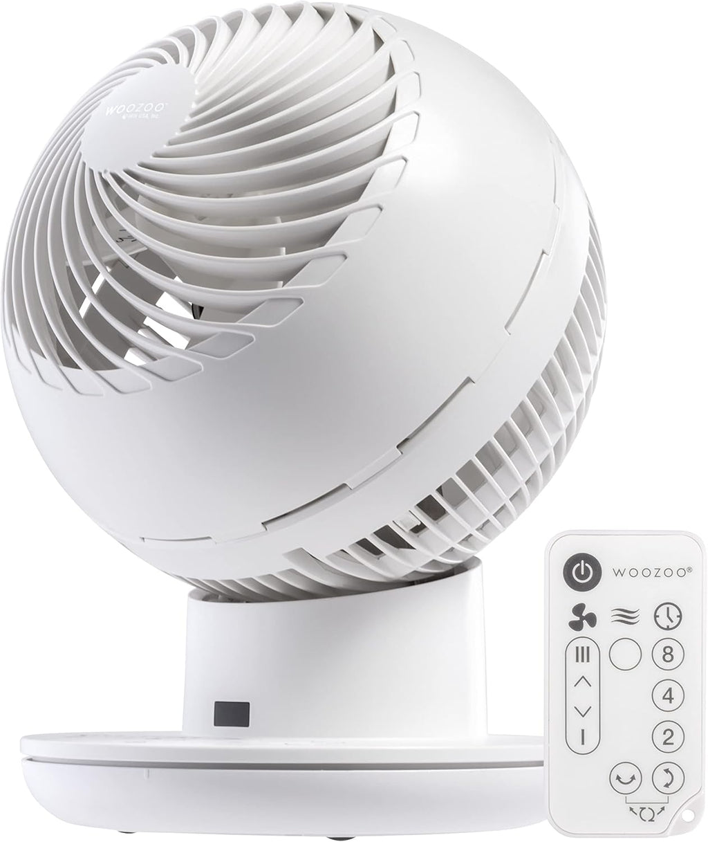 WOOZOO Air Circulator Fan with Remote, Oscillating Table Fan, 8 Speeds, 82Ft Max Air Distance, 65° Tilt, Ultra Quiet DC Motor, Small Desk Fan for Bedroom, Office, Dorm, White