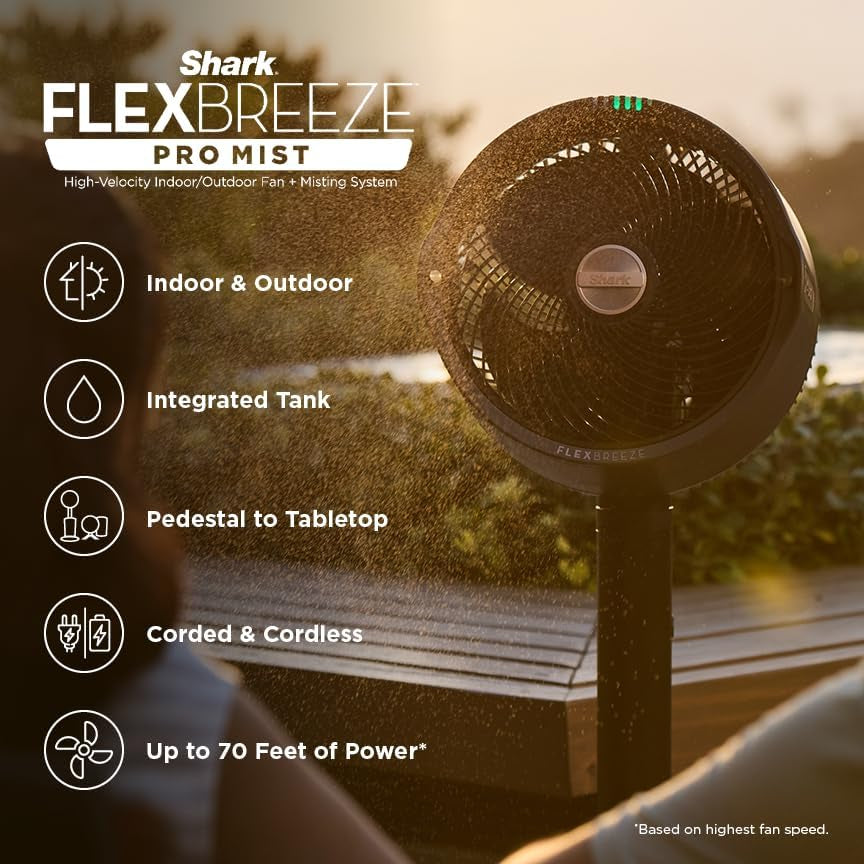 Shark Flexbreeze Pro Mist Fan, Indoor & Outdoor Oscillating Cooling Fan with Misting for Home & Patio, Floor & Tabletop, Portable Cordless & Corded, 24Hr Battery, Remote, Charcoal Grey, FA302​