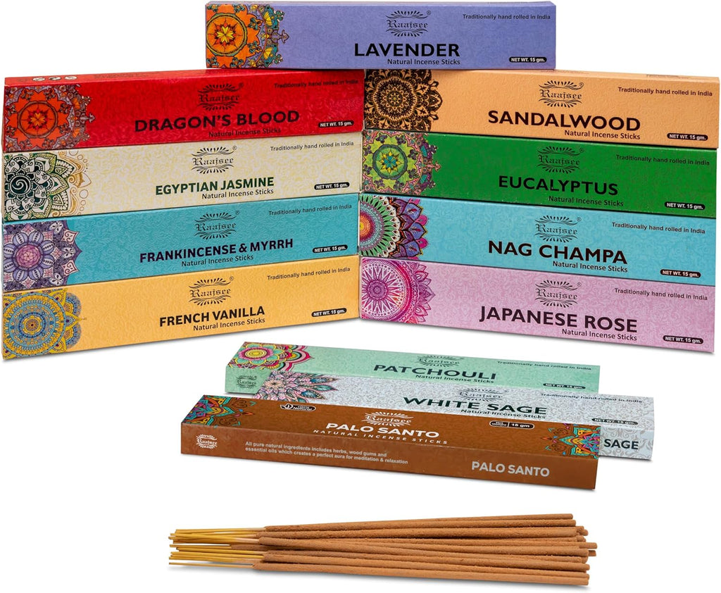 Incense Sticks Assorted Pack (180 Gm), 100% Pure Organic Natural Hand Rolled Free from Chemicals - Perfect for Aromatherapy, Cleansing, Meditation, and Church (12 Pack)