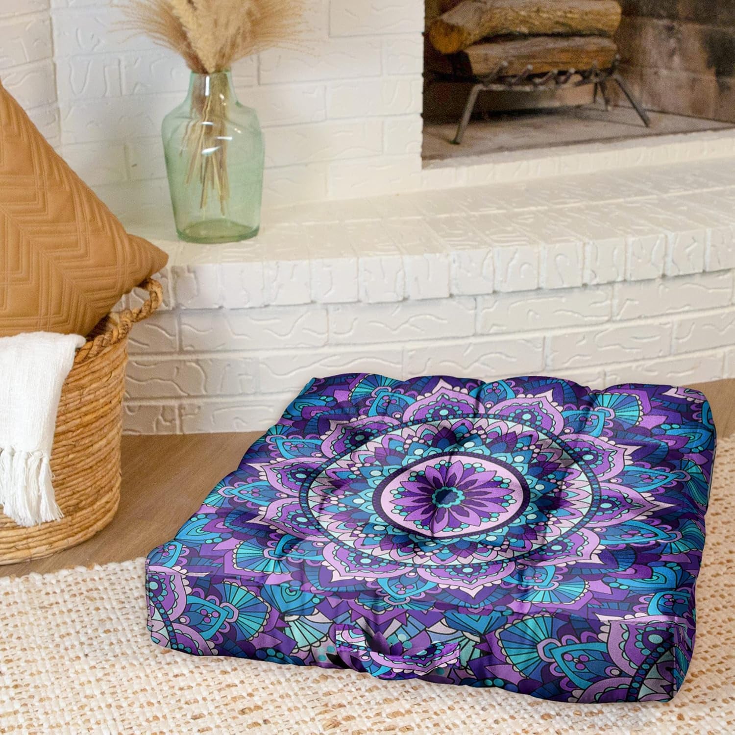 Mandala Meditation Cushion, Boho Meditation Mat, Meditation Pillows for Sitting on Floor, Cushions for Sitting in Home and Outdoor, Square Floor Pillow Cushion Seating for Yoga Accessories 22'' X 22''