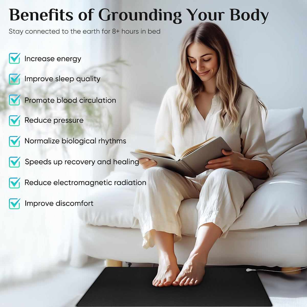 Grounding Mat for Bed, Enjoy the Grounding Effect Indoors, for Better Sleep, Pain and Stress Relief, PU Grounding Mat Set Comes with Grounding Cord and Test Pen