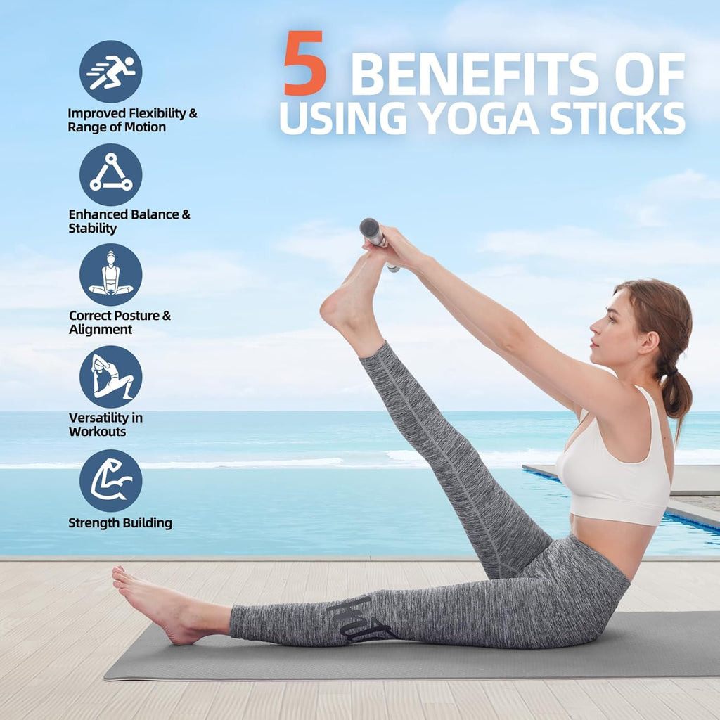 Adjustable Yoga Stick (30/45/60 In), Fully Foam-Sleeved Steel Stretching & Mobility Stick with Exercise Guide, Portable Fitness & Rehab Tool, Carry Bag Included