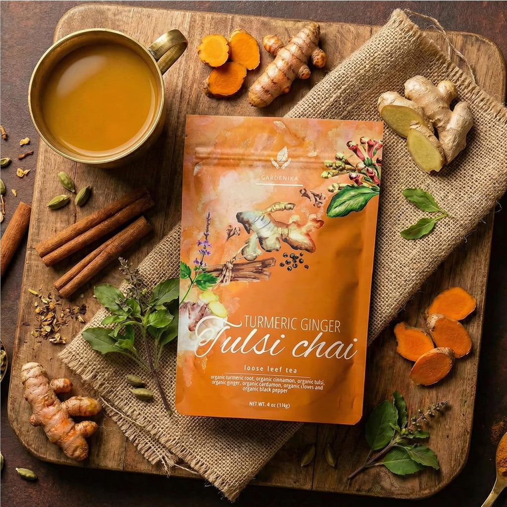 Organic Turmeric Ginger Tulsi Chai Loose Leaf Tea, 1 LB Bulk Bag - Ayurvedic Herbal Tea with Cinnamon & Cardamom - Caffeine Free, Organic, Kosher
