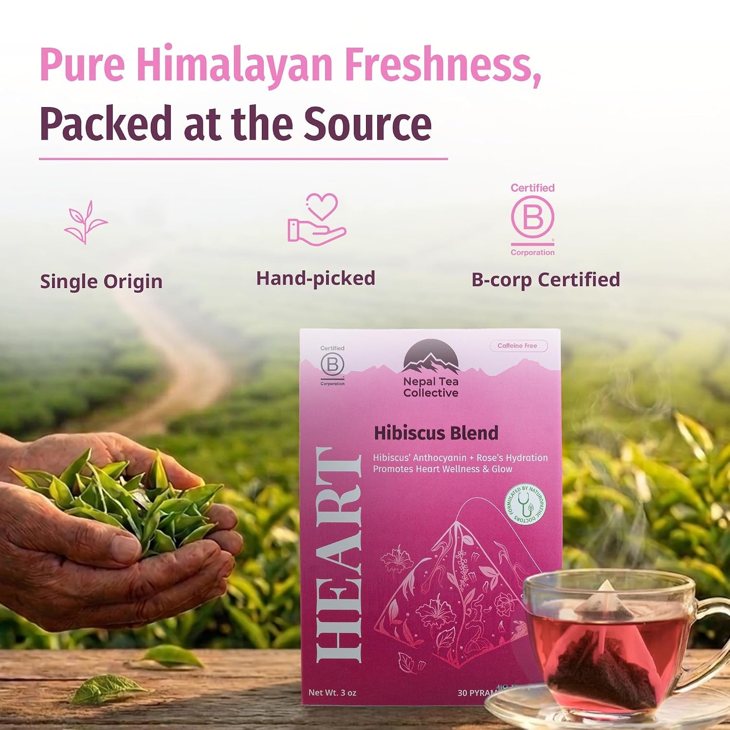 Heart Hibiscus Tea Bags with Rose Petals, Tulsi & Lemongrass | Caffeine Free Floral Herbal Blend | Naturopathic Tea Rich in Vitamin C & Antioxidants | 30 Plastic Free Pyramid Bags
