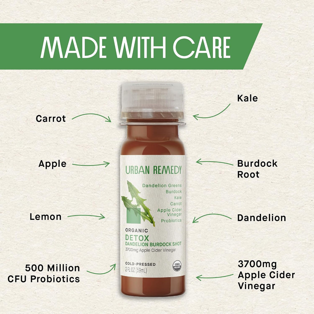 Organic Detox Shot – a 2 Fl Oz Plant-Based Wellness Boost with Apple Cider Vinegar, Dandelion, Burdock, and Probiotics for Digestion and Detox. Vegan and No Added Sugar.
