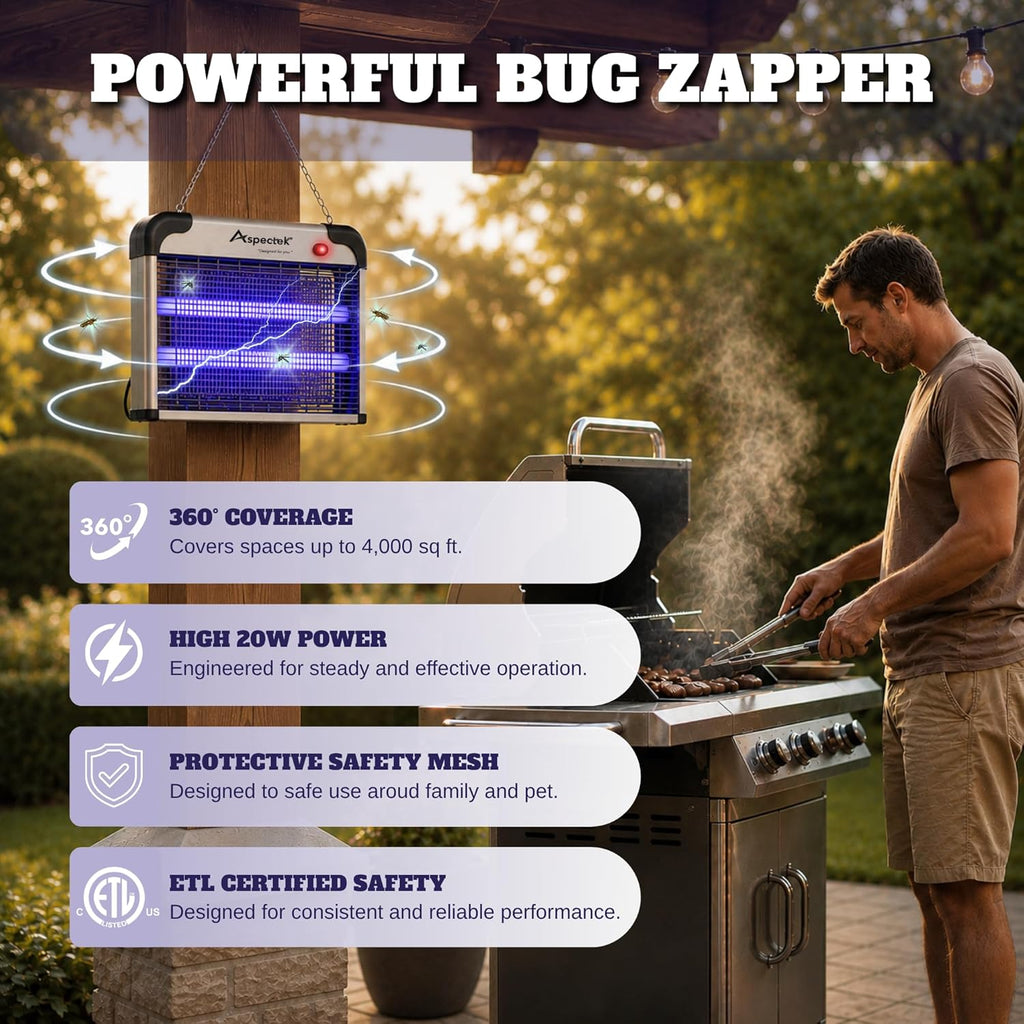 Electric Bug Zapper, 20W UV Bulbs, Fly, Mosquito, Gnat and Moth Control, Indoor and Covered Outdoor Use for Home, Garage, Patio and Farm, Includes 2 Replacement Bulbs