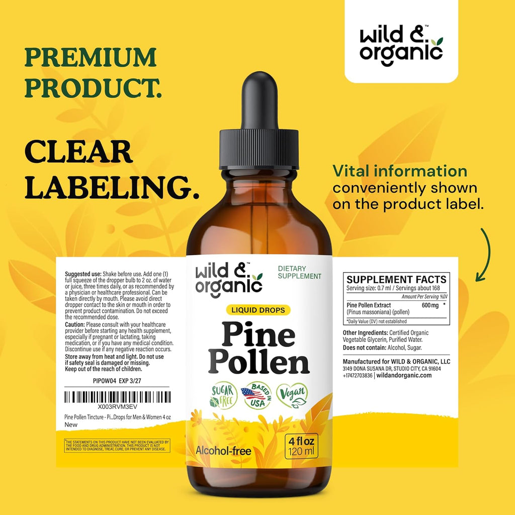 Pine Pollen Tincture - Pine Pollen for Men & Women - Add to Tea & Drink - Pure Pinus Massoniana Extract Drops - Vegan, Sugar & Alcohol-Free Liquid Supplement - 4 Fl Oz