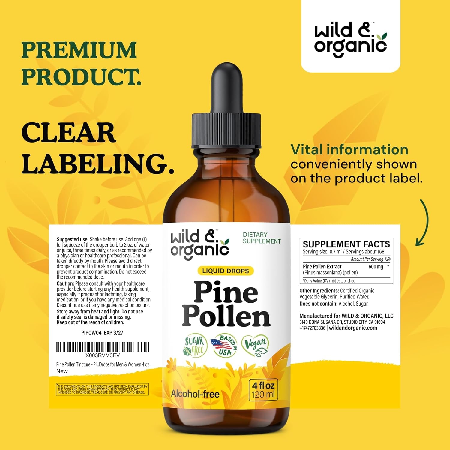 Pine Pollen Tincture - Pine Pollen for Men & Women - Add to Tea & Drink - Pure Pinus Massoniana Extract Drops - Vegan, Sugar & Alcohol-Free Liquid Supplement - 4 Fl Oz