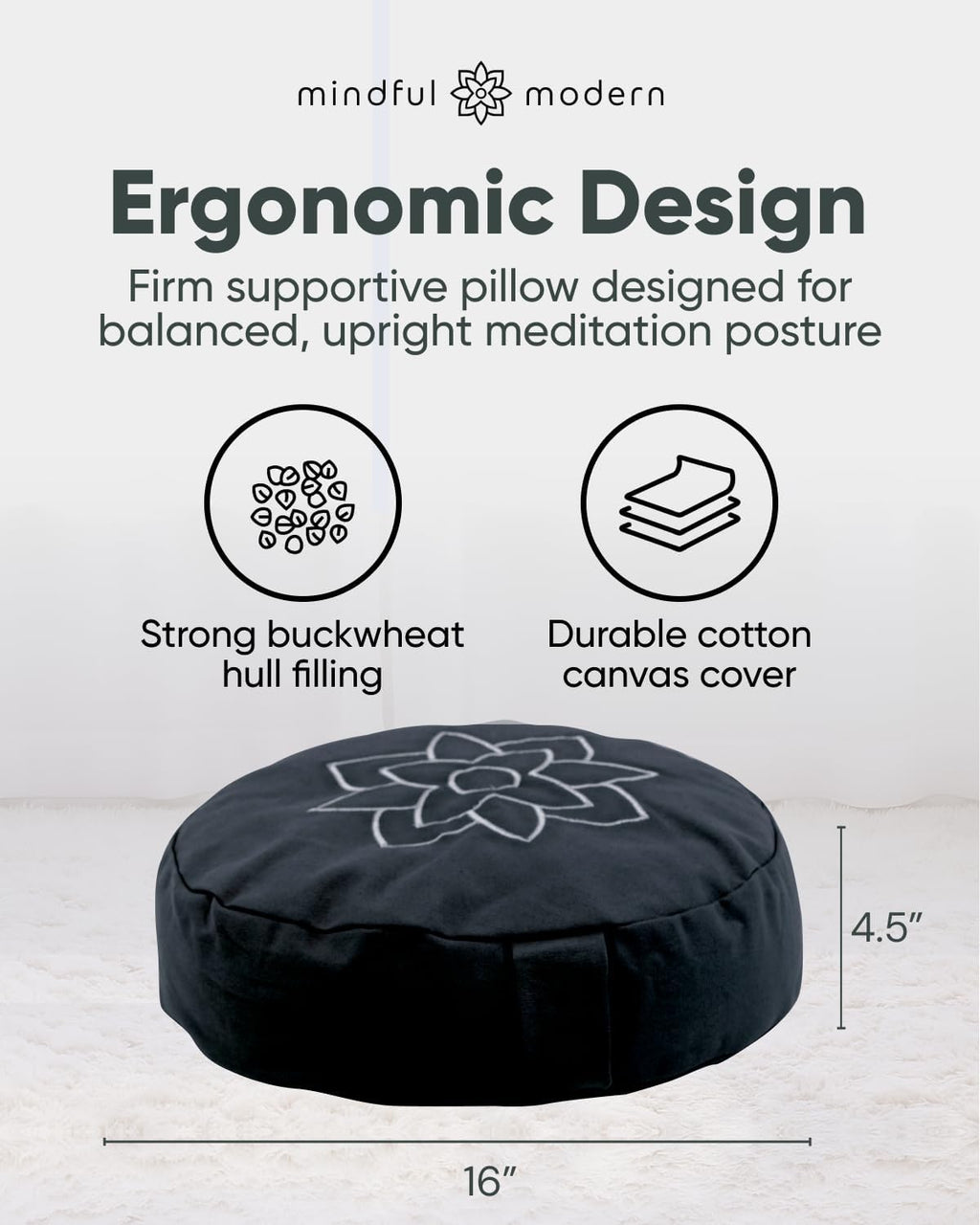 Mindful & Modern Large Meditation Cushion for Zafu Yoga - Meditation Pillow for Sitting on the Floor - Buckwheat Hull Filled Yoga Cushion with Removable, Washable 100% Cotton Cover and Carry Handle