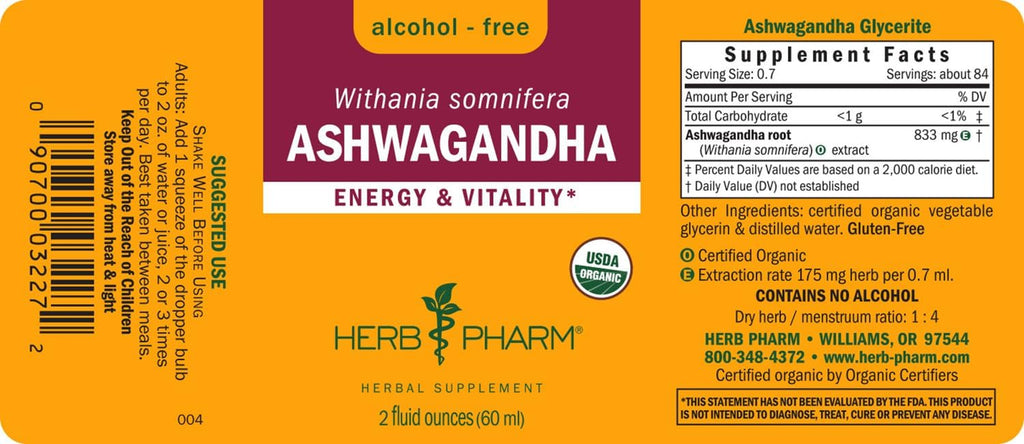 Ashwagandha, Alcohol Free: Liquid Extract, USDA Organic | Traditional Stress Support Supplement, Ashwagandha Root Glycerite, Tasty Adaptogen Extract for Adults | up to 6 Week Supply, 2 Oz*