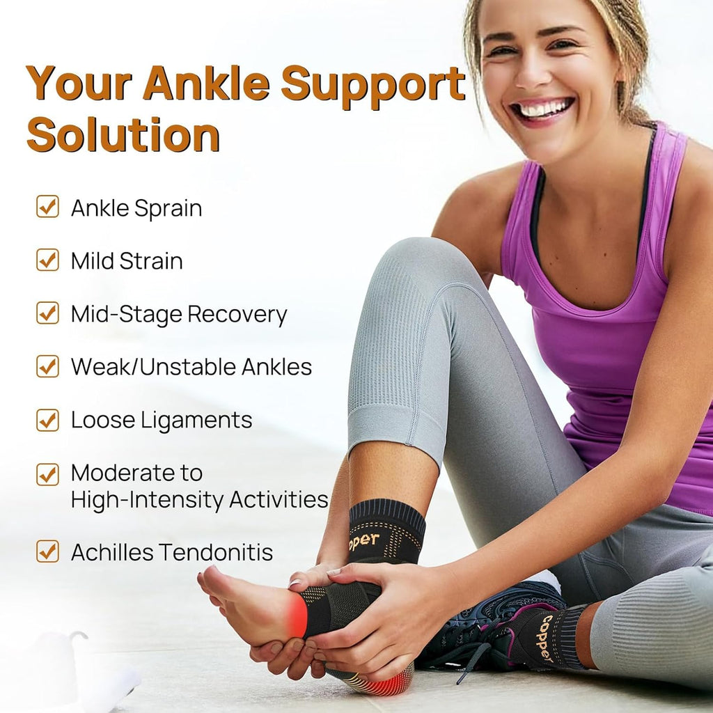 Ultra-Breathable Copper Ankle Braces for Men and Women- Adjustable Compression Ankle Brace for Sprain Recovery, Plantar Fasciitis & Daily Pain Relief | Durable, Fits Any Shoe (Large)