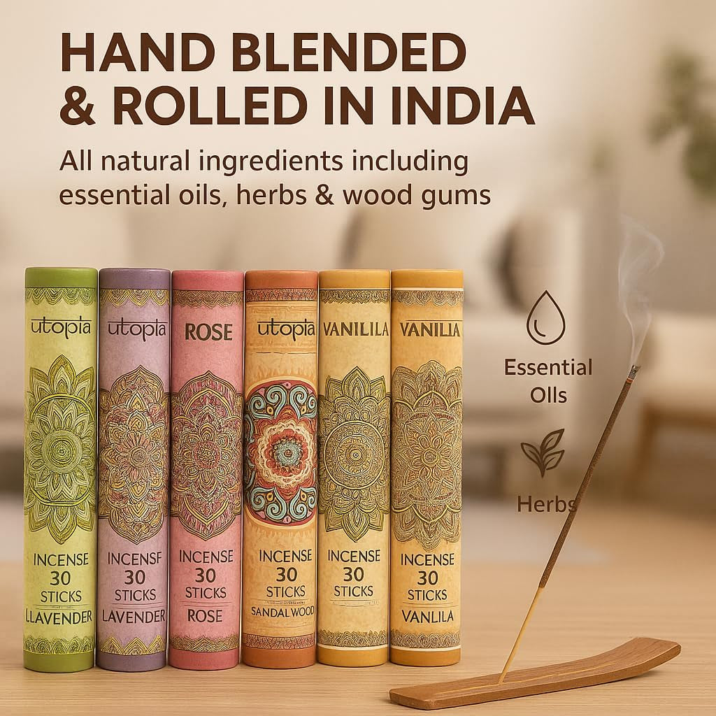 Premium Incense Sticks, Lavender, Sandalwood, Jasmine, Patchouli, Nag Champa, Vanilla, Variety Gift Pack 180 Sticks, Includes a Holder in Each Box