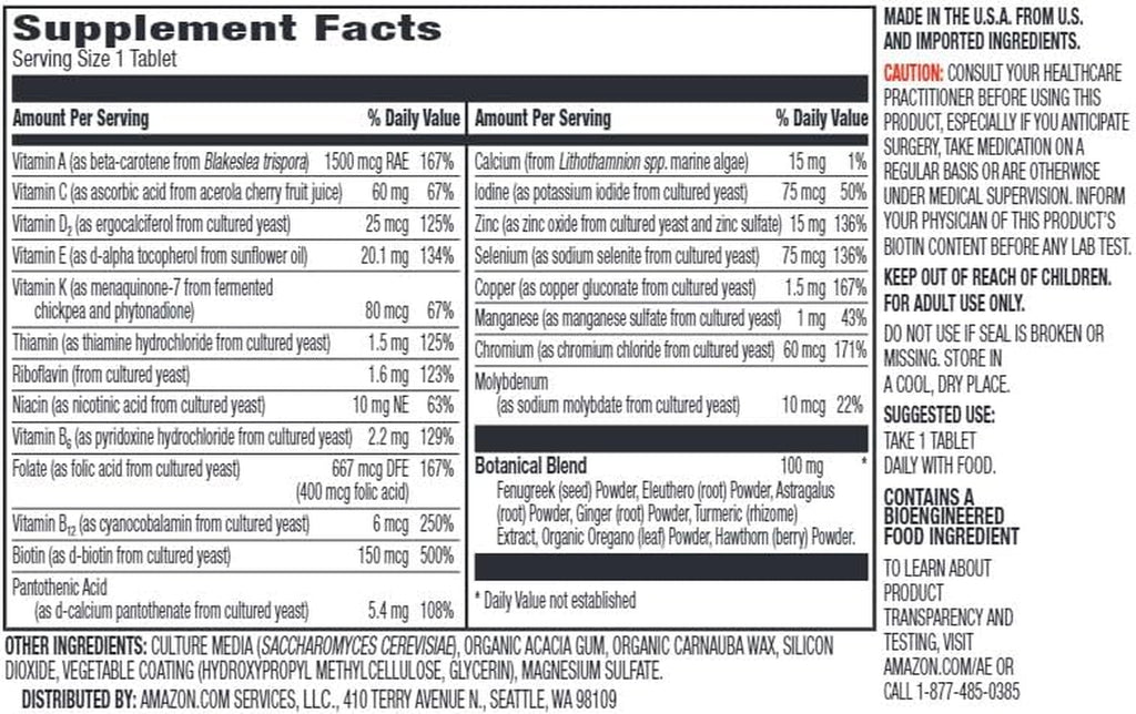 Men'S One Daily Multivitamin, 62% Whole Food Cultured, Vegan, 21 Vitamins and Minerals, 65 Tablets, 2 Month Supply (Packaging May Vary)