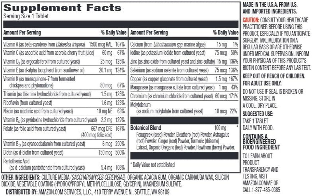 Men'S One Daily Multivitamin, 62% Whole Food Cultured, Vegan, 21 Vitamins and Minerals, 65 Tablets, 2 Month Supply (Packaging May Vary)
