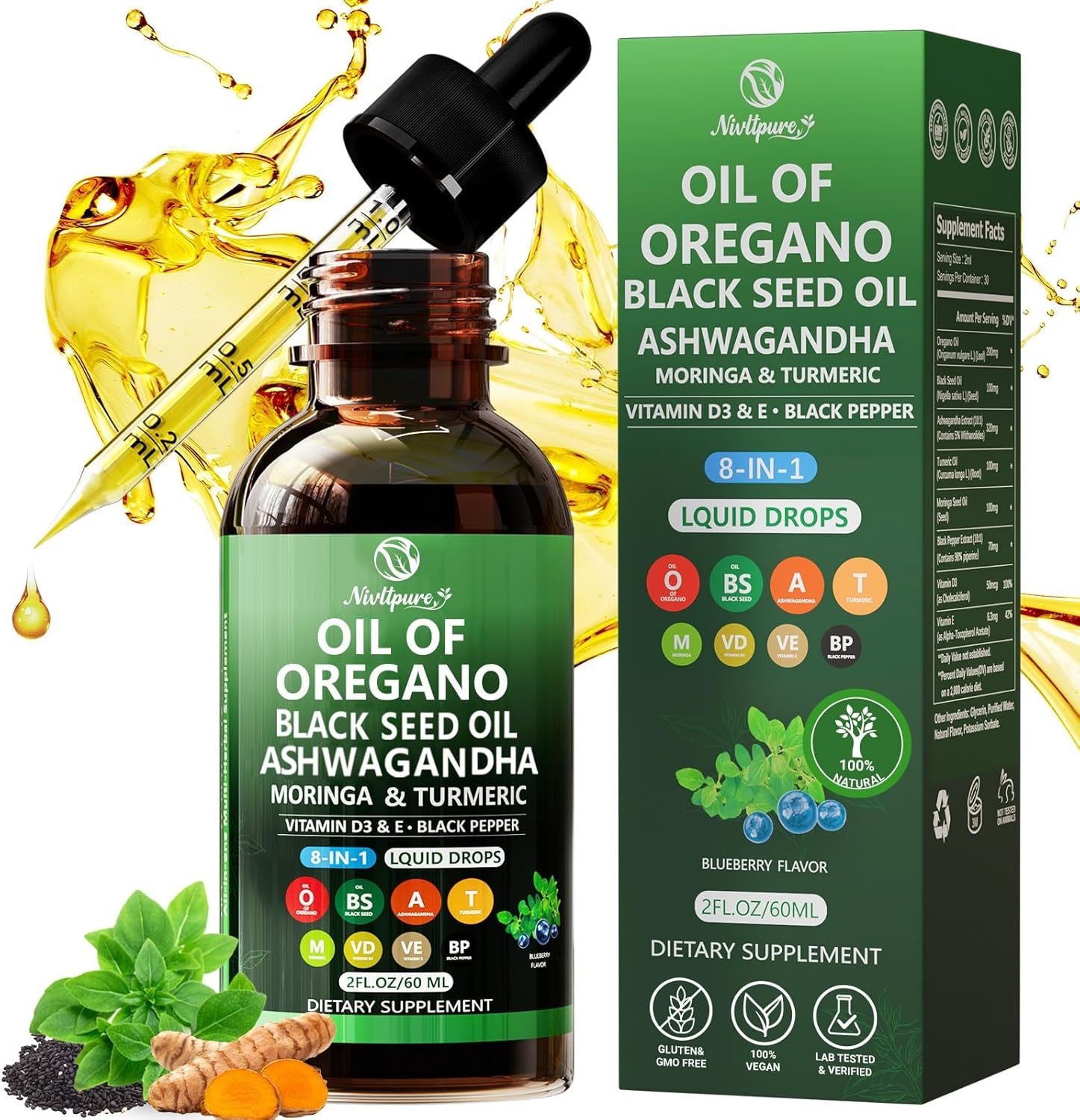 Oil of Oregano with Black Seed Oil | 8 in 1 Organic Oregano Oil Drops with Ashwagandha, Moringa & Turmeric | Natural Herbal Supplements for Immune Support & Stress Relief | Vegan Friendly, 2 Fl Oz
