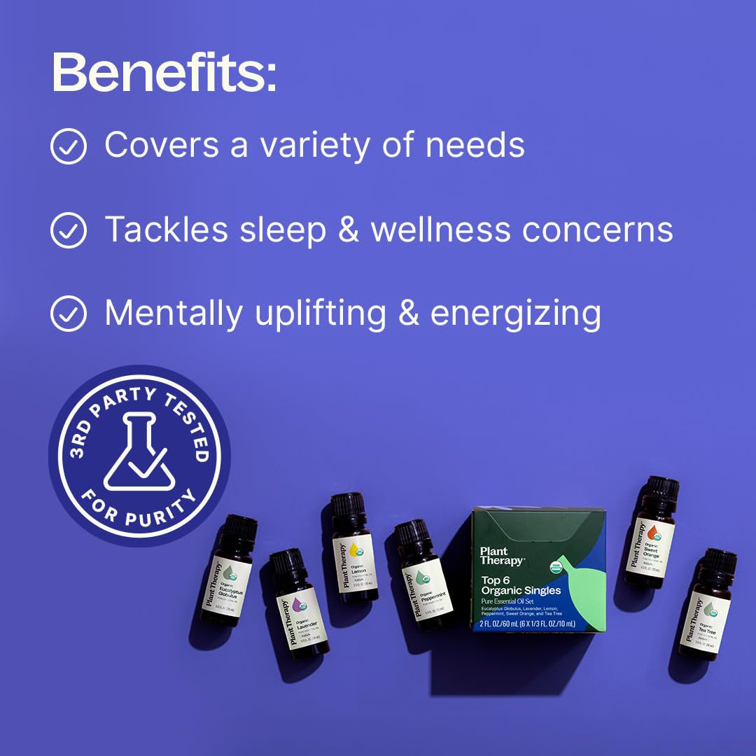 Top 6 USDA Organic Essential Oil Set - Lavender, Peppermint, Eucalyptus, Lemon, Tea Tree 100% Pure, Natural Aromatherapy, for Diffusion & Topical Use, Therapeutic Grade 10 Ml (1/3 Oz)