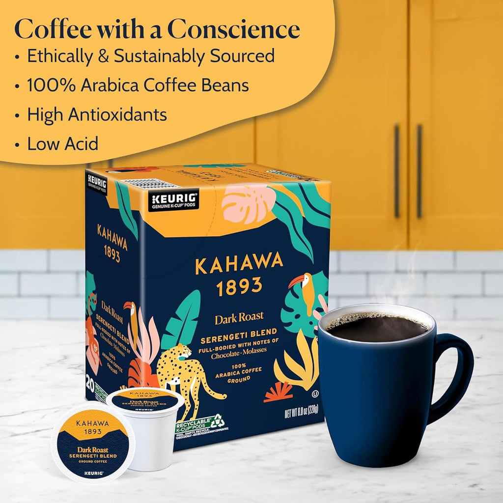 Dark Roast Coffee K-Cup Pods Serengeti Blend (20 Count) - as Seen on Shark Tank, Low Acid, High Antioxidants, Naturally Sweet, Organically Grown, Ethically & Sustainably Sourced