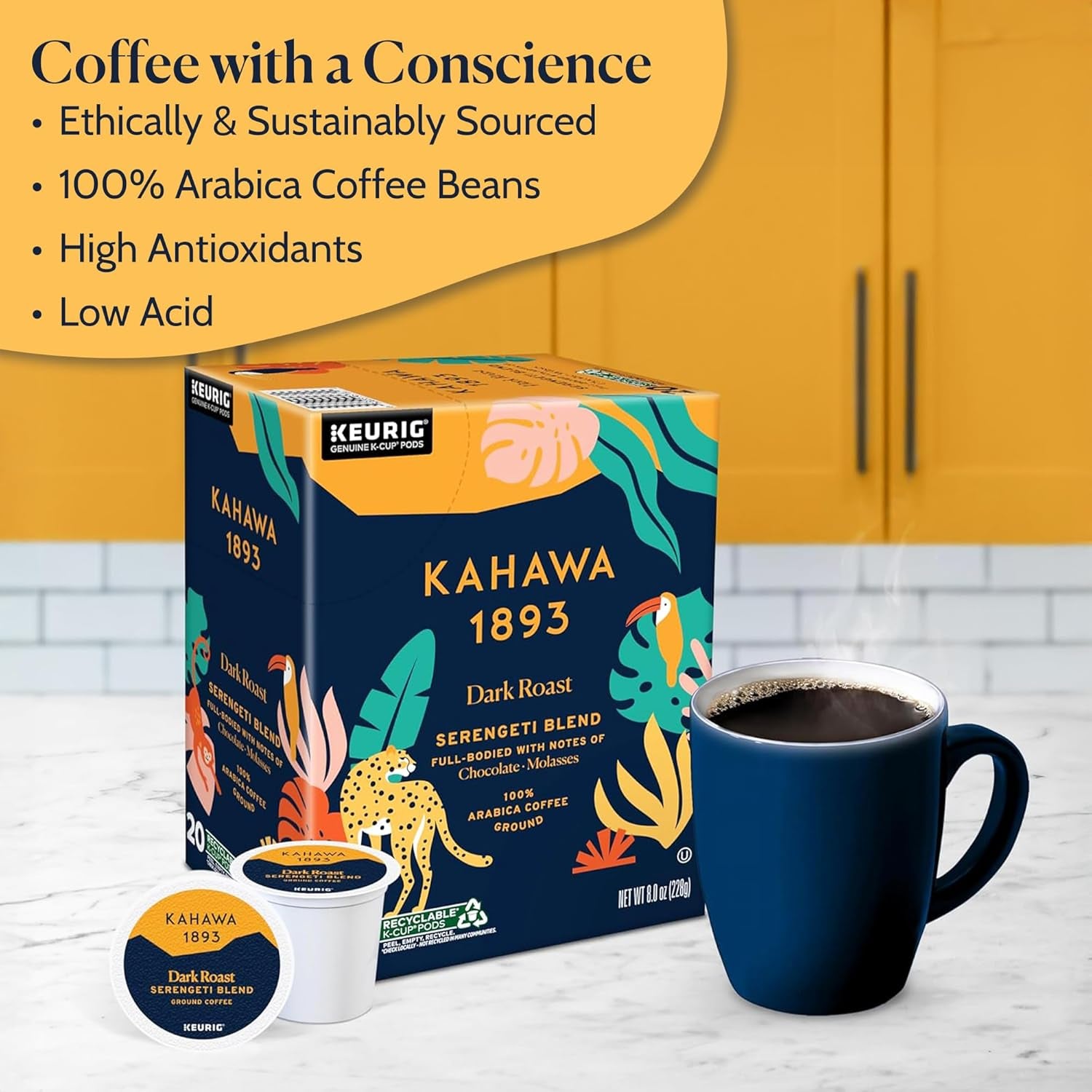 Dark Roast Coffee K-Cup Pods Serengeti Blend (20 Count) - as Seen on Shark Tank, Low Acid, High Antioxidants, Naturally Sweet, Organically Grown, Ethically & Sustainably Sourced