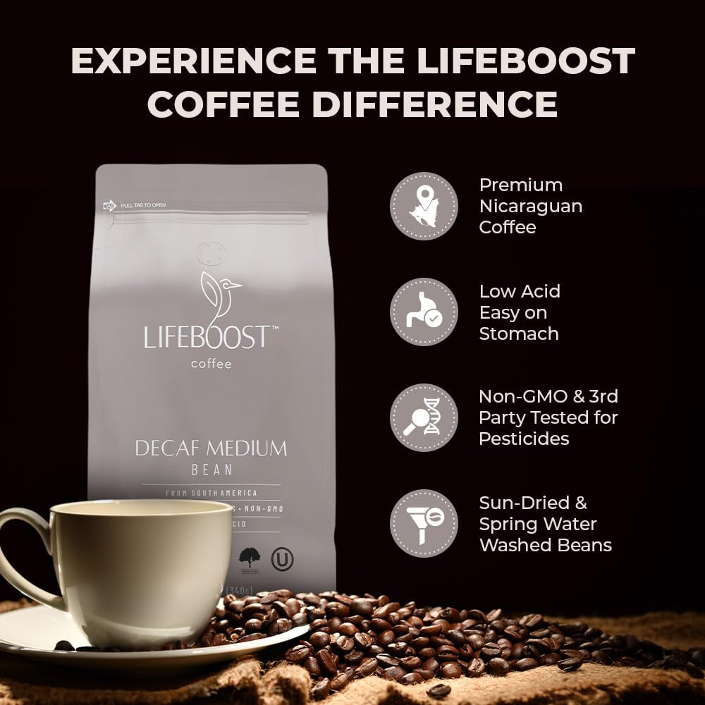 Medium Roast Swiss Water Decaf Whole Bean Coffee - Low Acid Organic Decaf Coffee, Non-Gmo, USDA Organic, Single Origin, Third-Party Tested for Mycotoxins & Pesticides - 12 Oz Bag