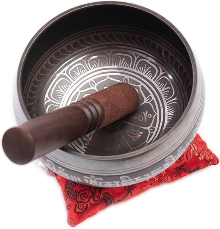 Premium Tibetan Singing Bowl Set – Handmade in Nepal Sound & Meditation Bowl – Spiritual Decor for Yoga, Wellness Spaces & Relaxation by  (Brown & Red)